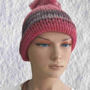 El Örgüsü Doğal Yün ve Akrilik Karışımlı Sıcacık Kış Beresi Koyu Pembe Karışık