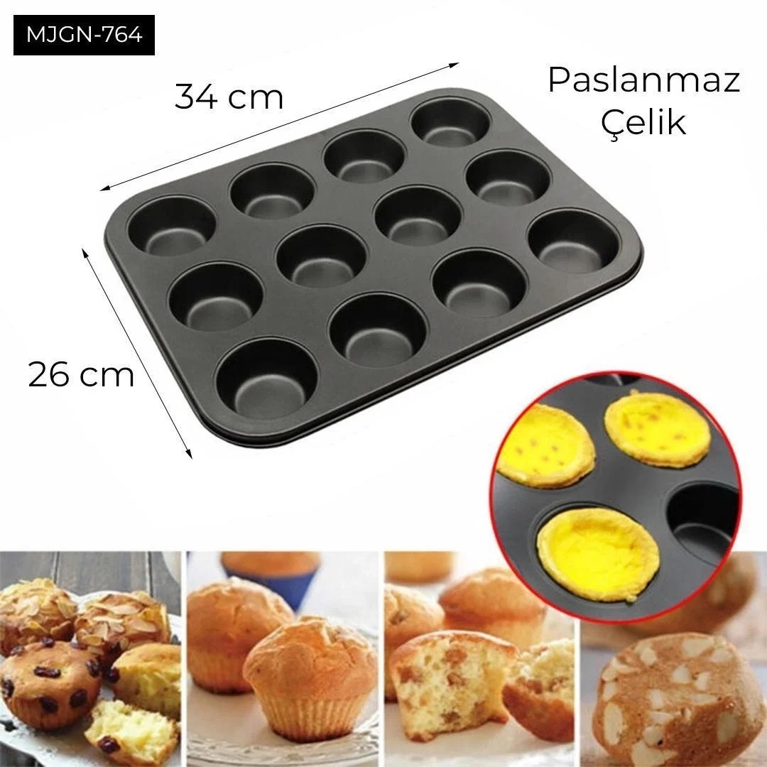 12 Gözlü Yapışmaz Baton Kek Kalıbı - Çeyizlik Mini Muffin ve Cupcake Tepsisi