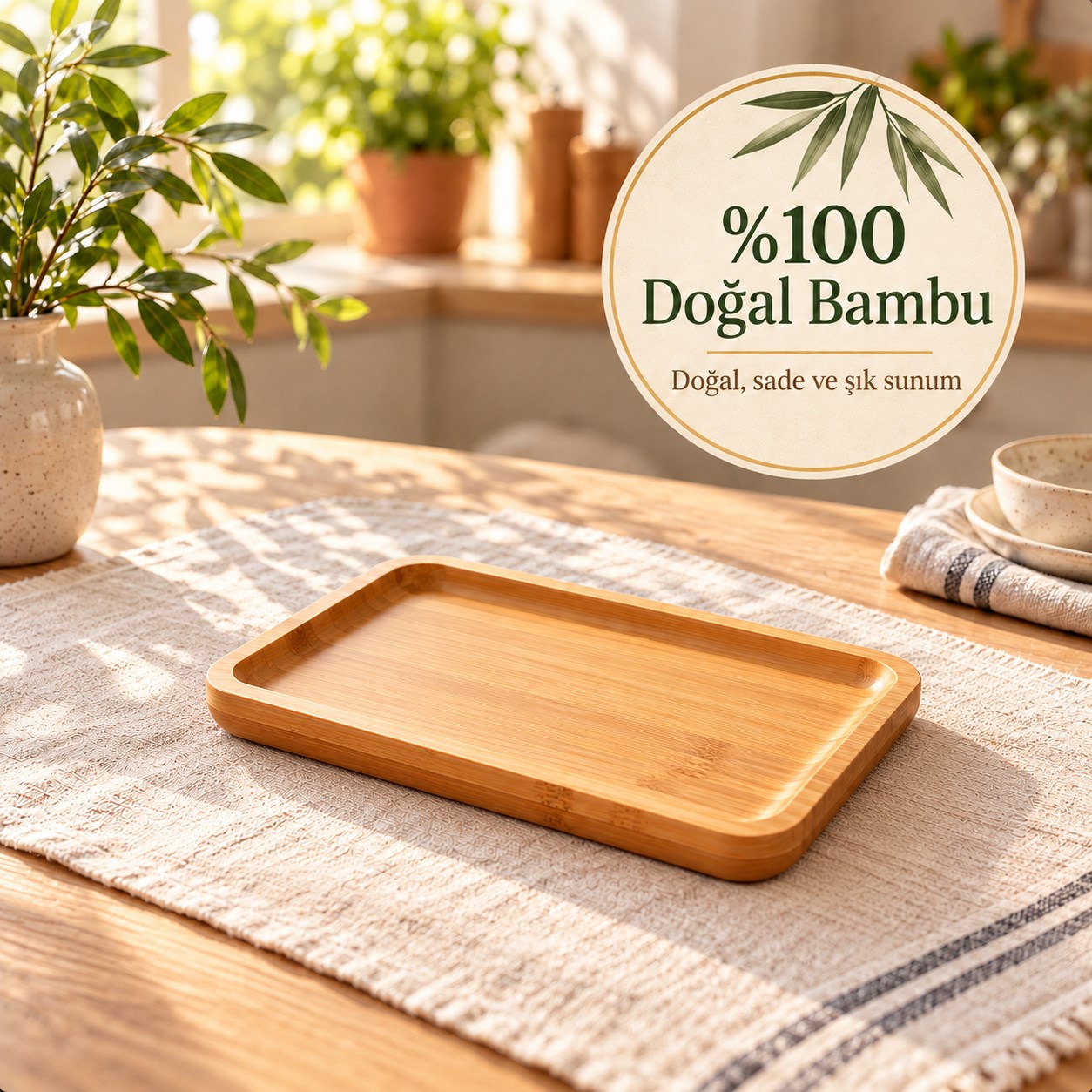 Bambu Sunum Tabağı Emmy 18 cm Dikdörtgen Kahvaltılık Servis Doğal Ahşap Görünümlü Mutfak