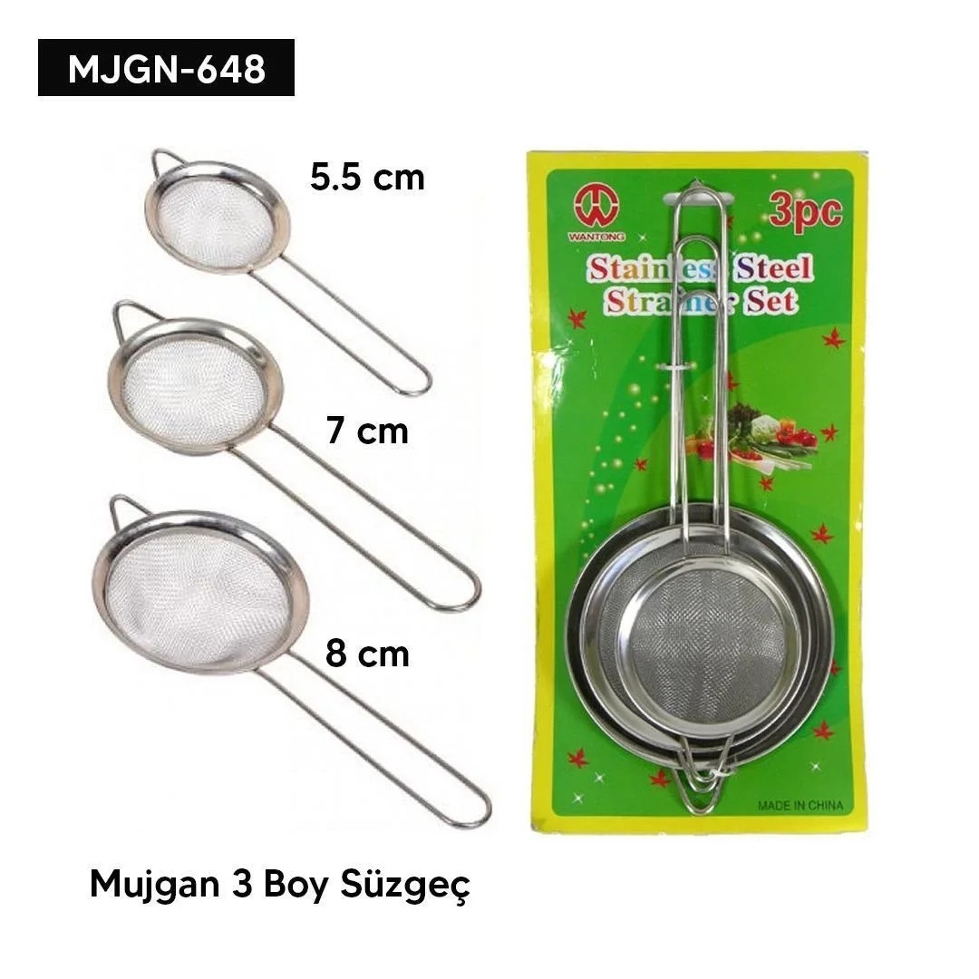 3 Boy Paslanmaz Çelik Süzgeç Seti - Pratik Saplı Mutfak ve Un Süzgeci Takımı