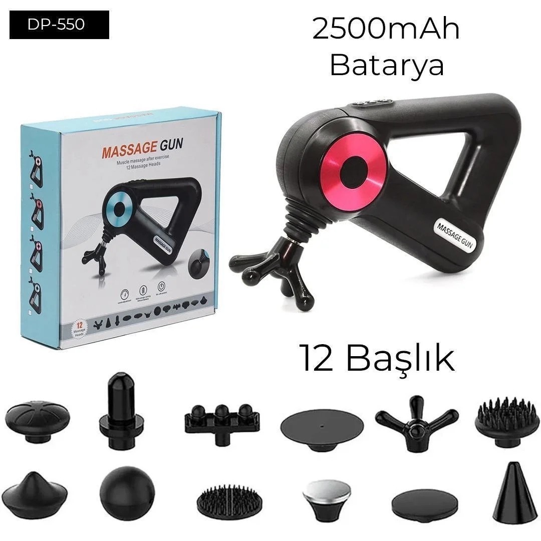 12 Başlıklı Şarjlı Masaj Tabancası - Profesyonel Darbeli Vurmalı Masaj Aleti