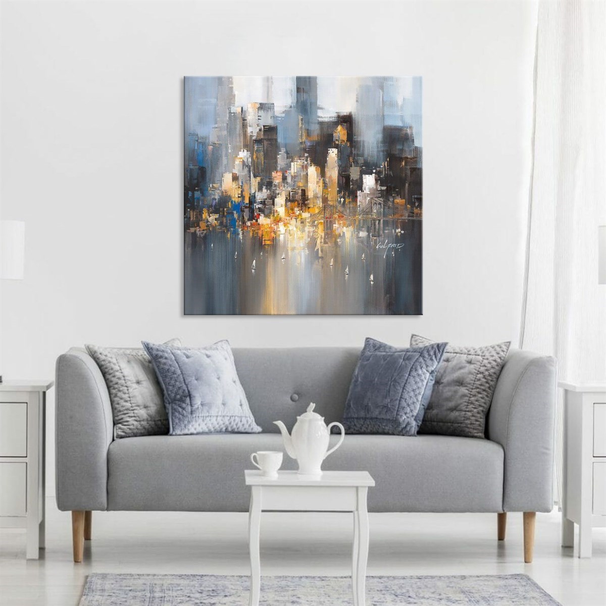 Gri Şehir Silüeti - Yağlı Boya Dokulu Tablo 80X80 cm Gümüş