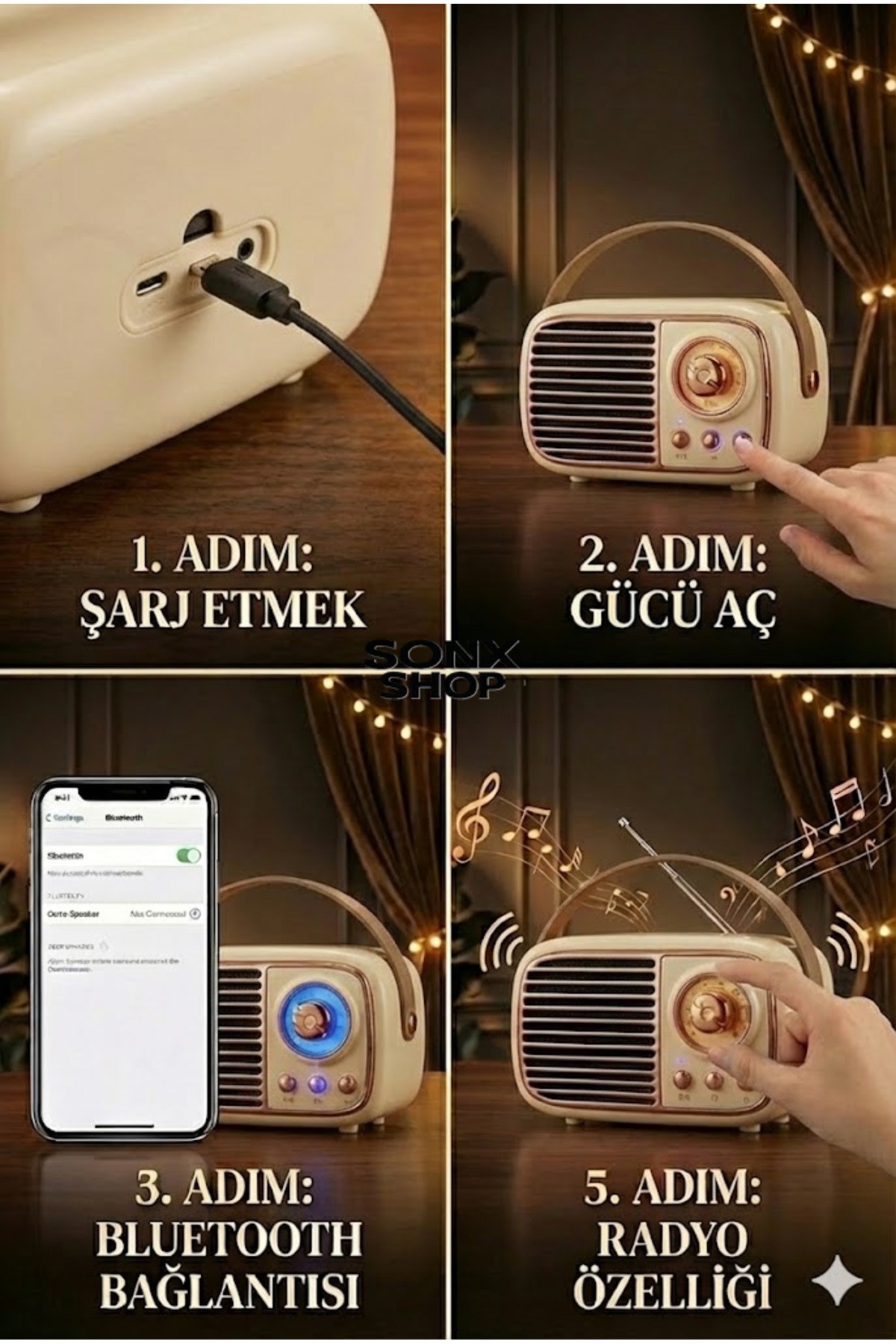 Nostaljik Retro Bluetooth Hoparlör FM Radyo ve USB Girişli Yüksek Ses Kaliteli Taşınabilir speaker — Sonxshoop — görsel 2