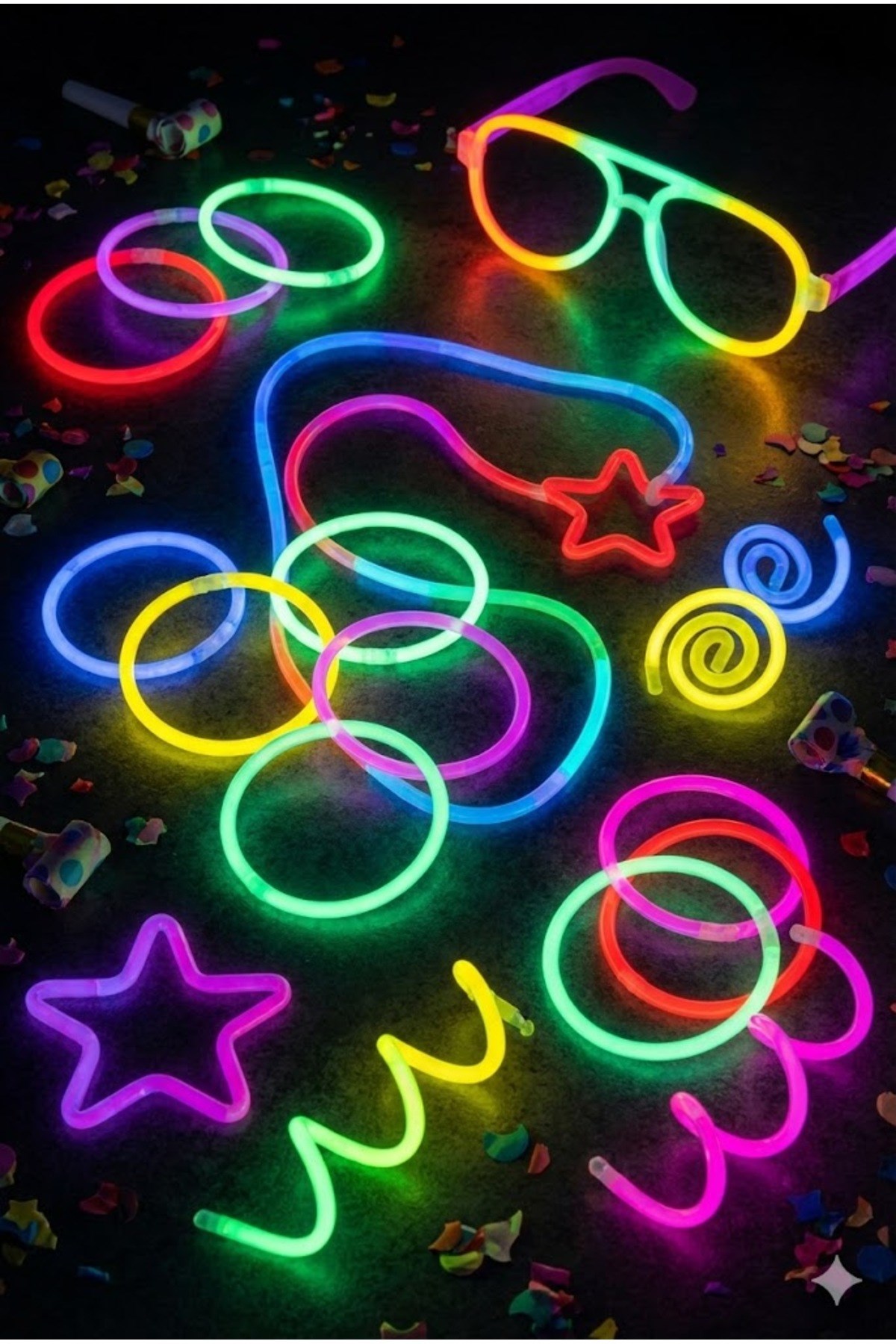100 Adet Fosforlu Glow Stick Parti Seti | Bileklik, Kolye ve Eğlenceli Işık Çubukları