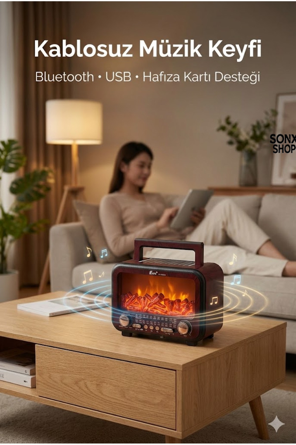 Şömine Alev Efektli Bluetooth Hoparlör Radyo – Güneş Enerjili — Sonxshoop — görsel 4