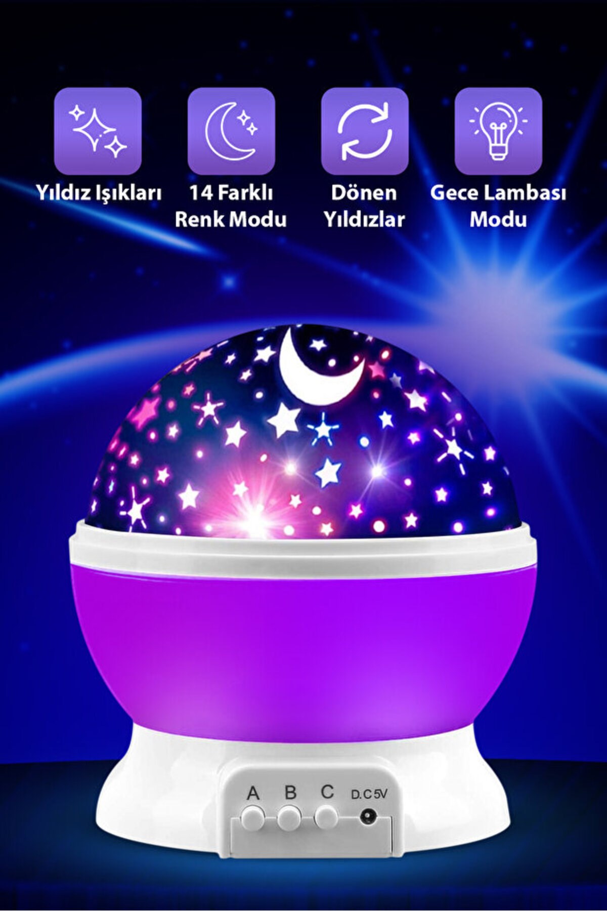 Ay Ve Yıldızlı Gökyüzü Yansıtmalı Dönen Projeksiyon Gece Lambası- Çocuk Bebek Odası Mor — Sonxshoop — görsel 3