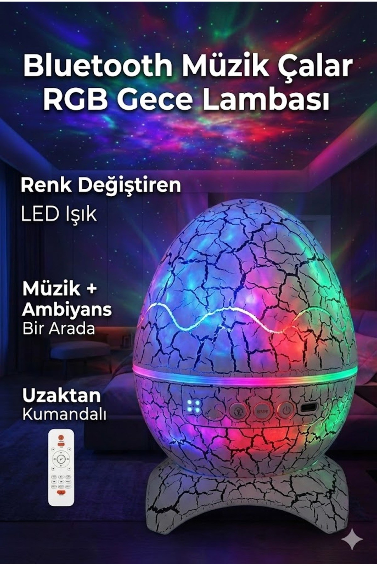 Bluetooth Hoparlörlü RGB Gece Lambası – Dinazor yumurtası Işıklı, Uzaktan Kumandalı Dekor Lamba — Sonxshoop — görsel 3