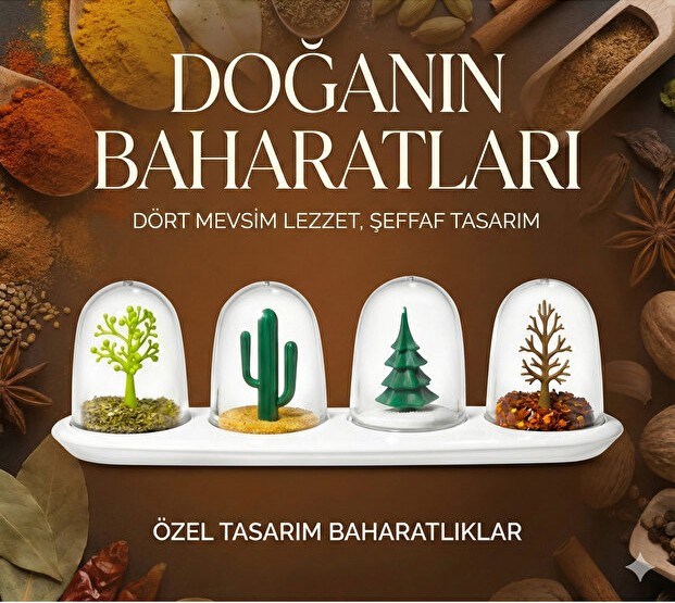 4 Mevsim Temalı Tasarım Baharatlık Seti - Dekoratif Ağaç ve Kaktüs Figürlü Standlı Tuzluk Biberlik — Sonxshoop — görsel 3