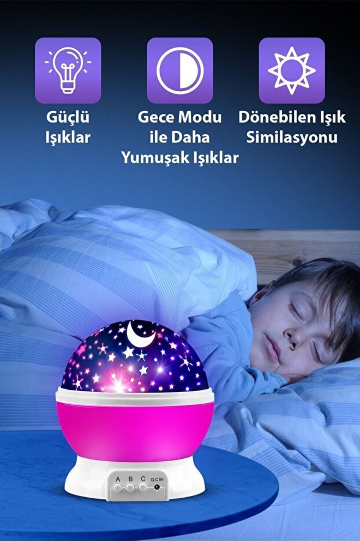 Ay ve Yıldızlı Gökyüzü Yansıtmalı Dönen Projeksiyon Gece Lambası- Çocuk Bebek Odası Pembe — Sonxshoop — görsel 3