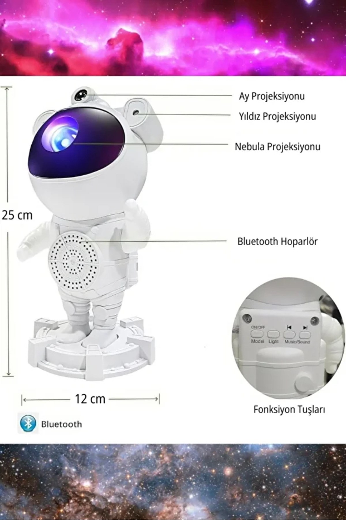 Astronot Bluetooth Hoparlör Bulutsusu Galax yAy Tavan Gökyüzü Projektör Zamanlayıcı Gece Lambası — Sonxshoop — görsel 3