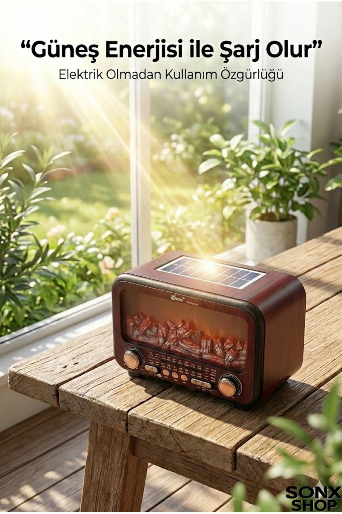 Şömine Alev Efektli Bluetooth Hoparlör Radyo – Güneş Enerjili — Sonxshoop — görsel 3