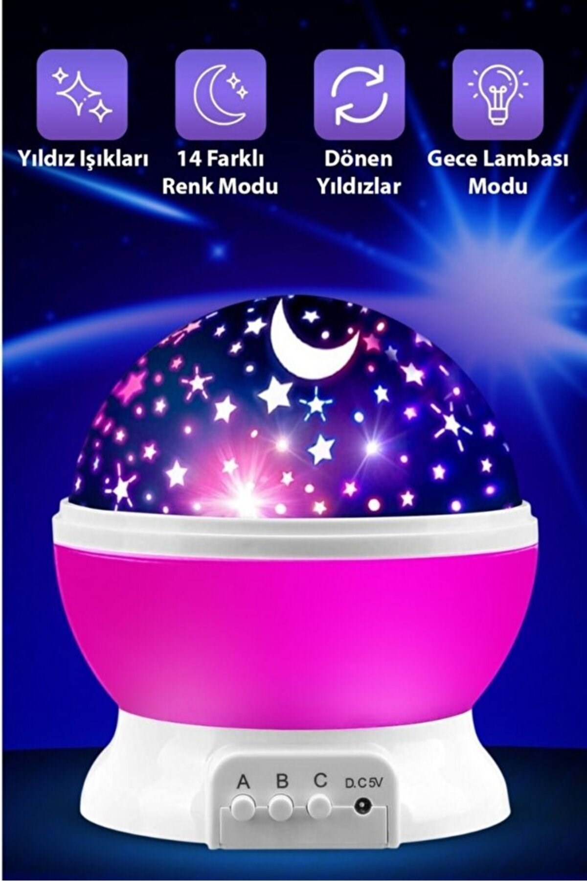 Ay ve Yıldızlı Gökyüzü Yansıtmalı Dönen Projeksiyon Gece Lambası- Çocuk Bebek Odası Pembe — Sonxshoop — görsel 4