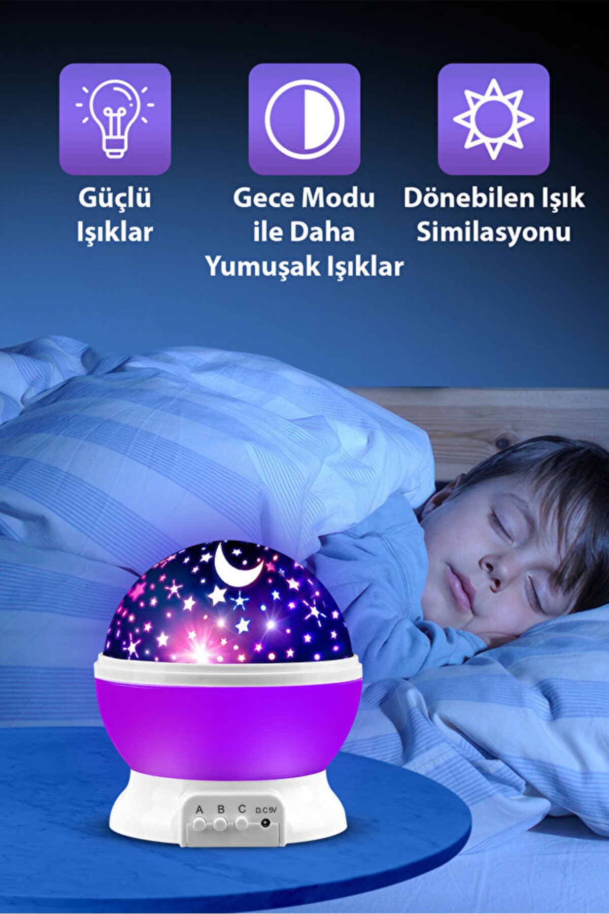 Ay Ve Yıldızlı Gökyüzü Yansıtmalı Dönen Projeksiyon Gece Lambası- Çocuk Bebek Odası Mor — Sonxshoop — görsel 4