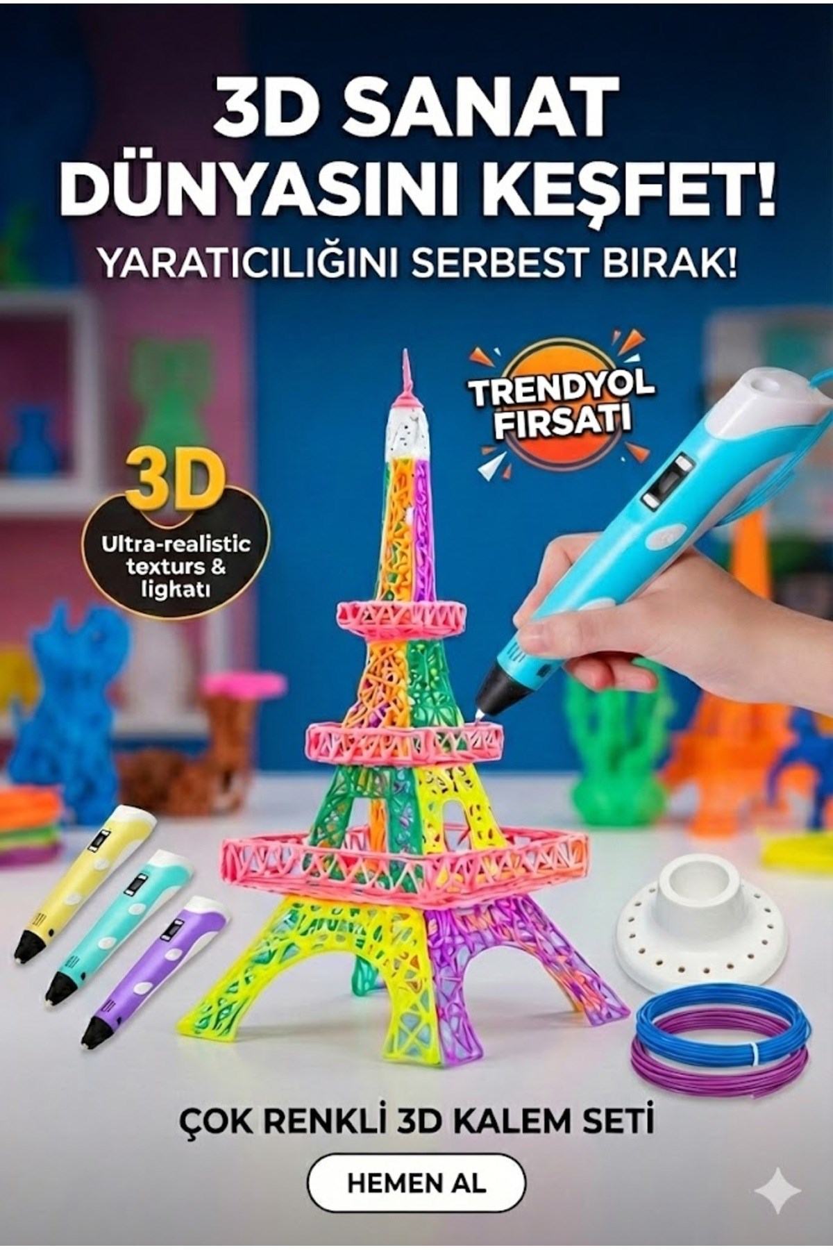 3D Kalem Seti (MAVİ) Dijital Göstergeli + 3 Renk Filament Hediyeli Eğitici Yazıcı ABS/PLA Uyumlu