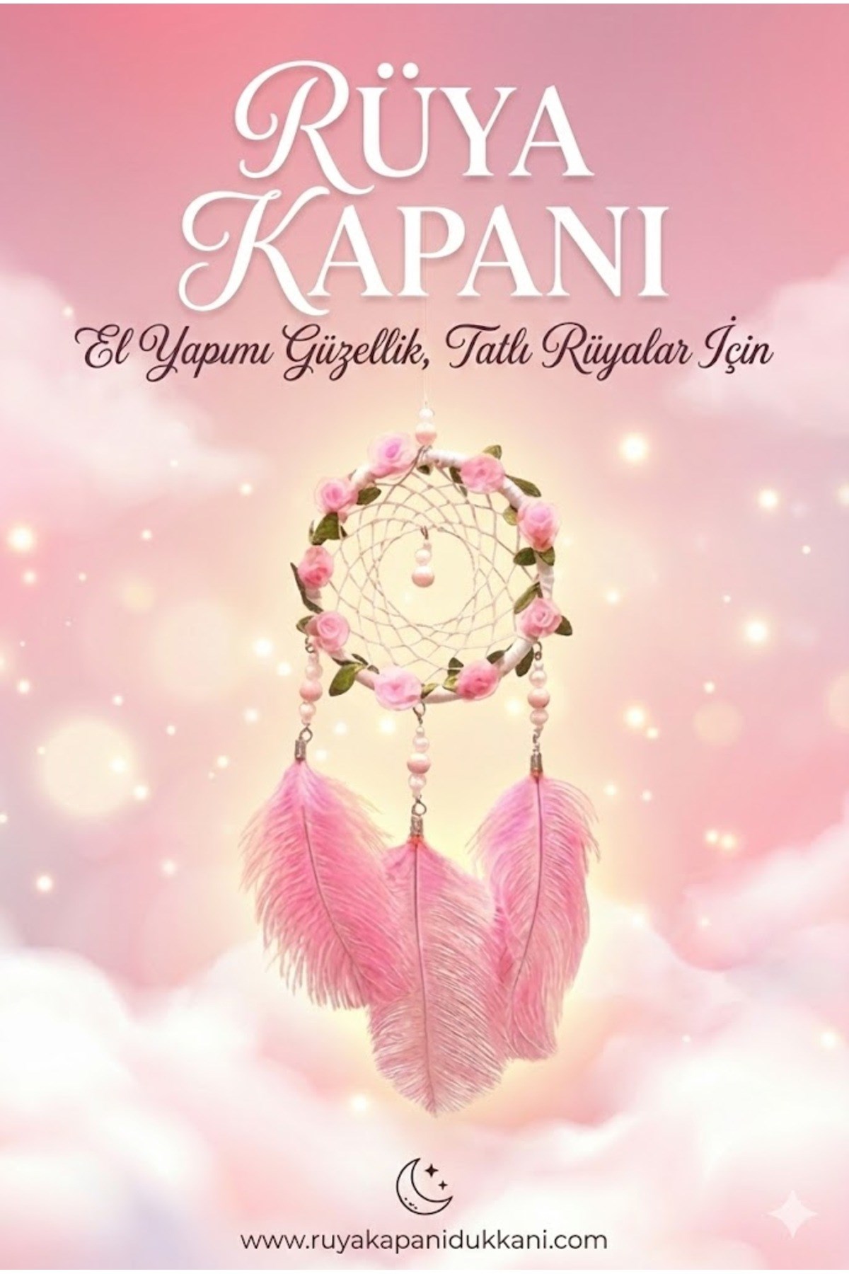 Işıklı Pembe Gül Detaylı El Yapımı Rüya Kapanı - Romantik Duvar Süsü & Hediyelik Düş Kapanı — Sonxshoop — görsel 3