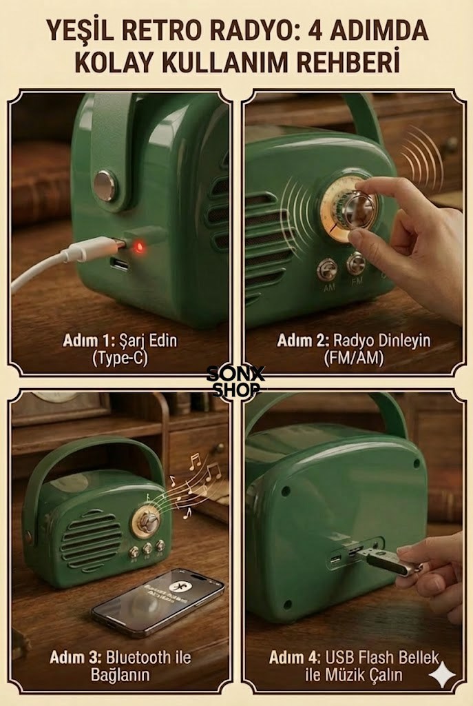 SONX Nostaljik Retro Bluetooth - FM Radyo, USB ve Bluetooth Kablosuz Hoparlör — Sonxshoop — görsel 6