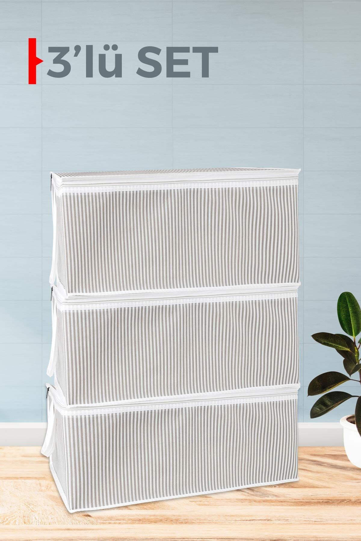 3 Adet Gri Çizgili BüyükBaza Altı ve Çekyat Tipi Hurç 65 x 45 x 22 cm