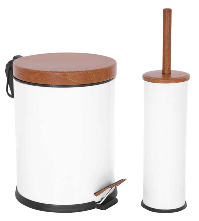 2’Li Ahşap Desen Kapaklı Banyo Seti Beyaz (5 Lt Pedallı Çöp Kovası+Mikro 1 Wc Fırçalık)