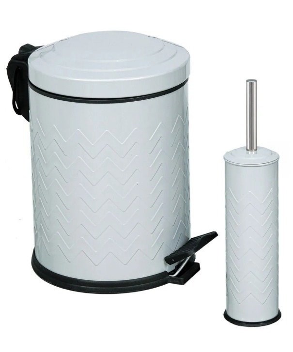 2’Li Zik Zak Banyo Seti Gri (5 Lt Pedallı Çöp Kovası+Mikro Wc Fırçalık)