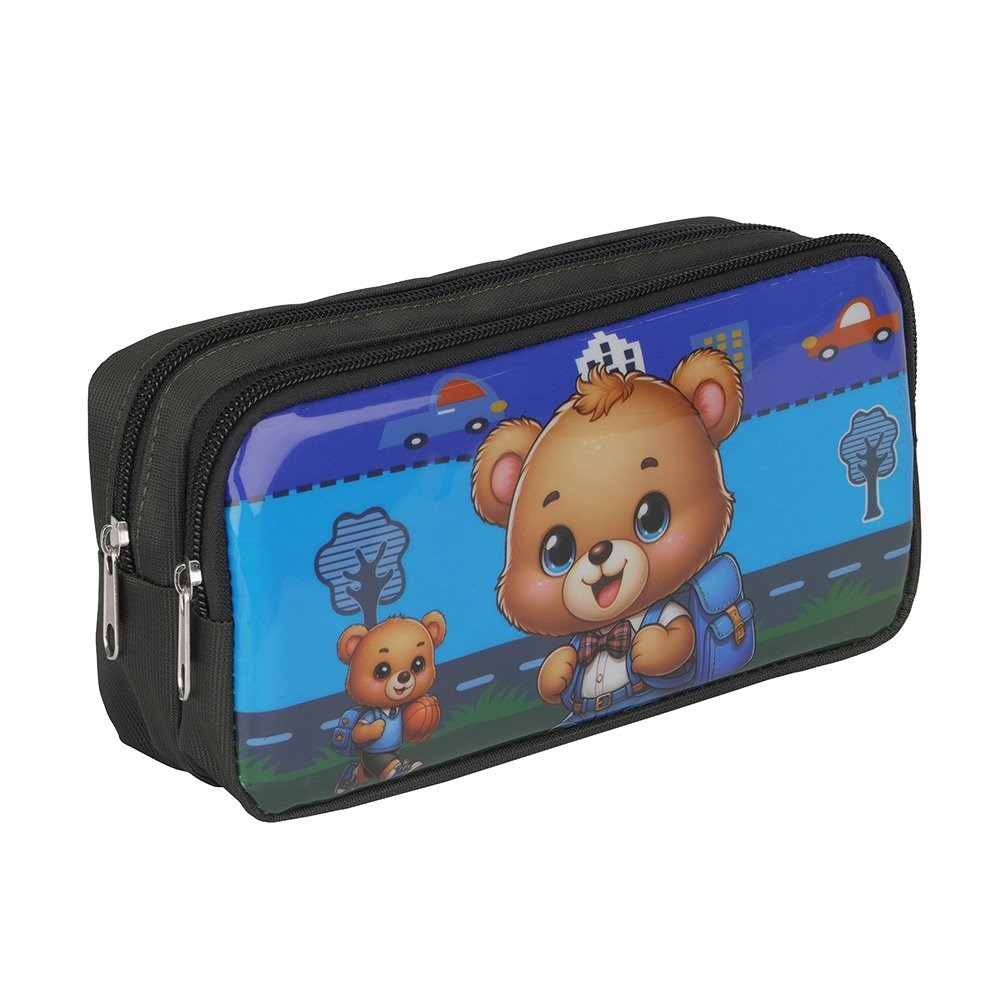 Çift Gözlü Şeffaf Kalemlik Okullu Ayıcık