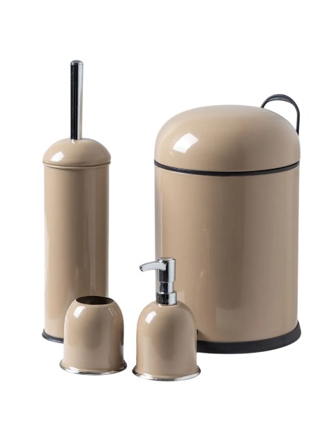 4’Lü Bon Kapak Banyo Seti Cappuccıno (5 Lt Pedallı Çöp Kovası+Bon Kapak Wc Fırçalık+Sıvı Sabunluk+Diş Fırçalık)