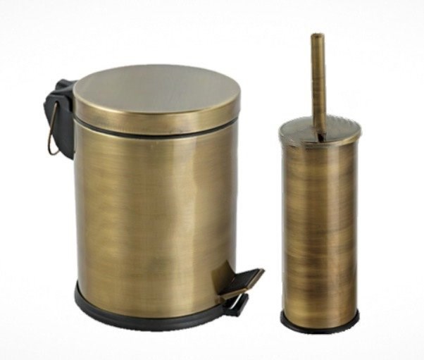 2’Li Antik Kaplama Banyo Seti (Yavaş Kapanan 5 Lt Pedallı Çöp Kovası+Wc Fırçalık)