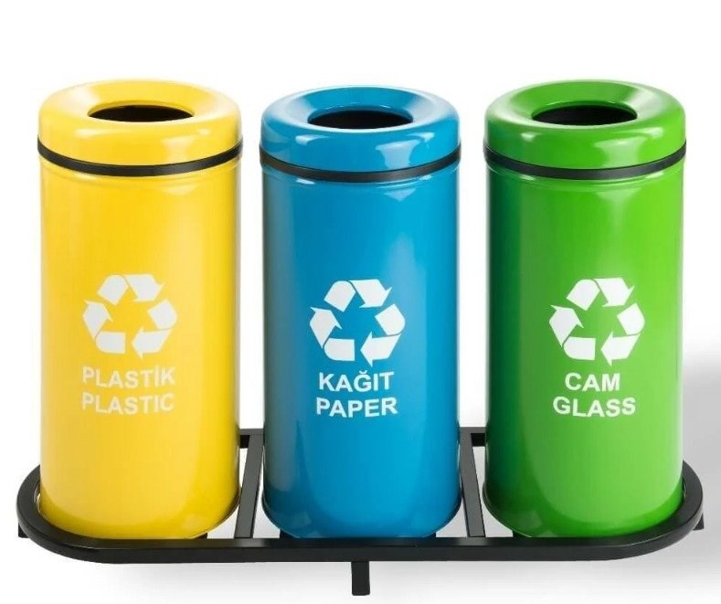 3’Lü Geri Dönüşüm Çöp Kovası Ağzı Açık Düz Kapak (Galvaniz)