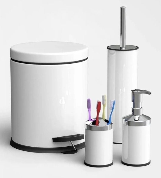 4'Lü Banyo Seti Paslanmaz Kapak Beyaz (5 Lt Pedallı Çöp Kovası+Mikro 1 Wc Fırçalık+Sıvı Sabunluk+Diş Fırçalık)