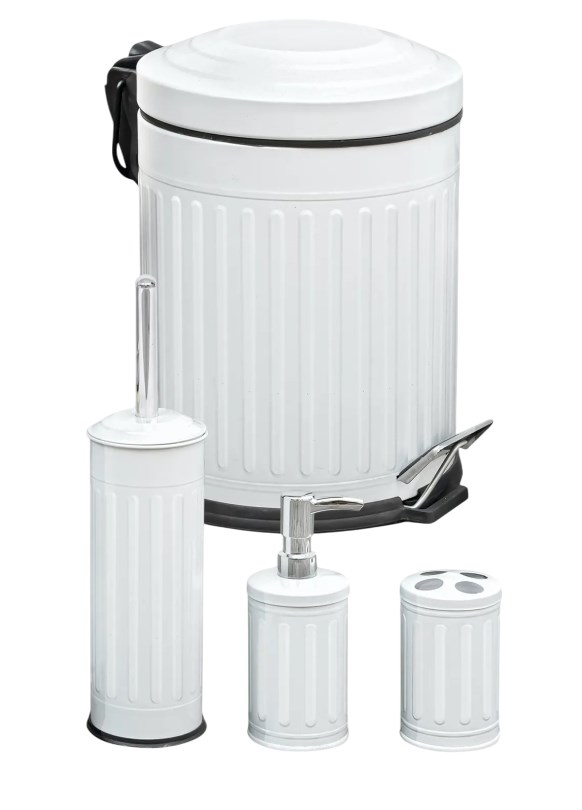 4’Lü Vıntage Desenli Banyo Seti Beyaz (5 Lt Pedallı Çöp Kovası+Mikro Wc Fırçalık+Sıvı Sabunluk+Diş Fırçalık)