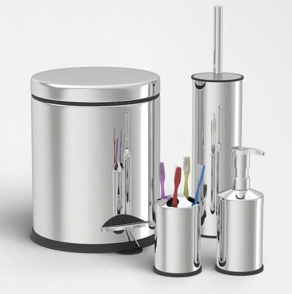 4'Lü Banyo Seti Paslanmaz Kapak (5 Lt Pedallı Çöp Kovası+Mikro 1 Wc Fırçalık+Sıvı Sabunluk+Diş Fırçalık)