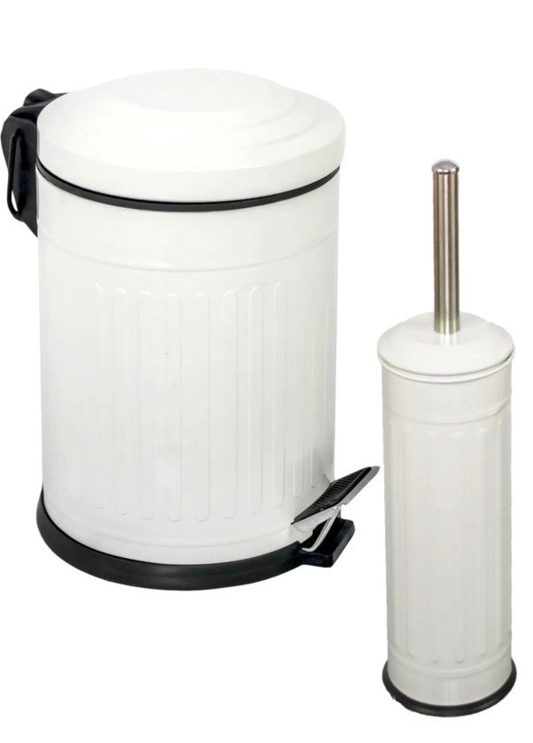 2’Li Vıntage Desenli Banyo Seti Beyaz (5 Lt Pedallı Çöp Kovası+Mikro Wc Fırçalık)