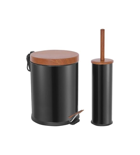 2’Li Ahşap Desen Kapaklı Banyo Seti Siyah (5 Lt Pedallı Çöp Kovası+Mikro 1 Wc Fırçalık)