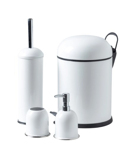 4’Lü Bon Kapak Banyo Seti Beyaz (5 Lt Pedallı Çöp Kovası+Bon Kapak Wc Fırçalık+Sıvı Sabunluk+Diş Fırçalık)