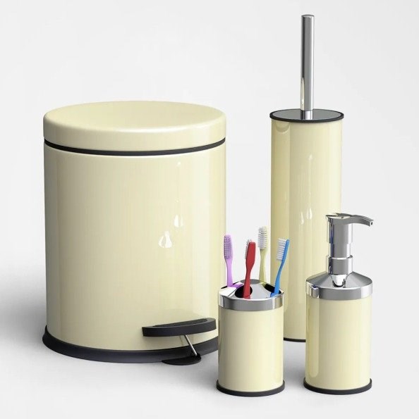 4'Lü Banyo Seti Krem (5 Lt Pedallı Çöp Kovası+Sıvı Sabunluk+Diş Fırçalık+Wc Fırçalık)