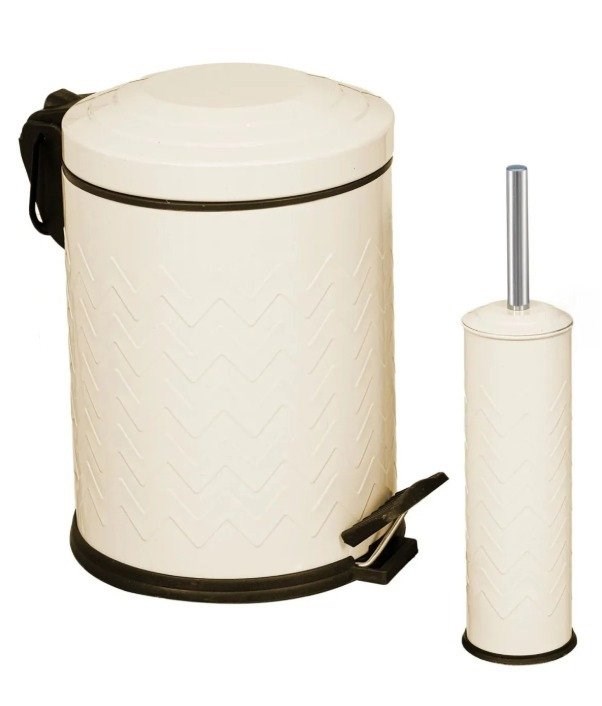 2’Li Zik Zak Banyo Seti Krem (5 Lt Pedallı Çöp Kovası+Mikro Wc Fırçalık)