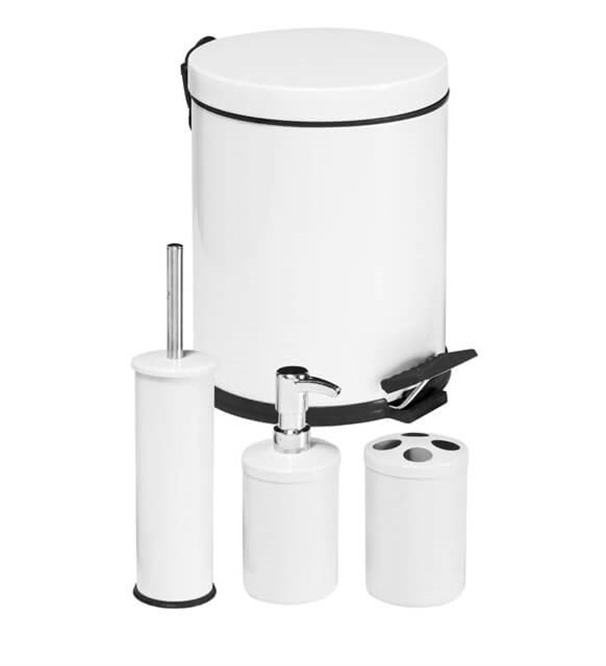 4'Lü Banyo Seti Beyaz (5 Lt Pedallı Çöp Kovası+Sıvı Sabunluk+Diş Fırçalık+Wc Fırçalık)