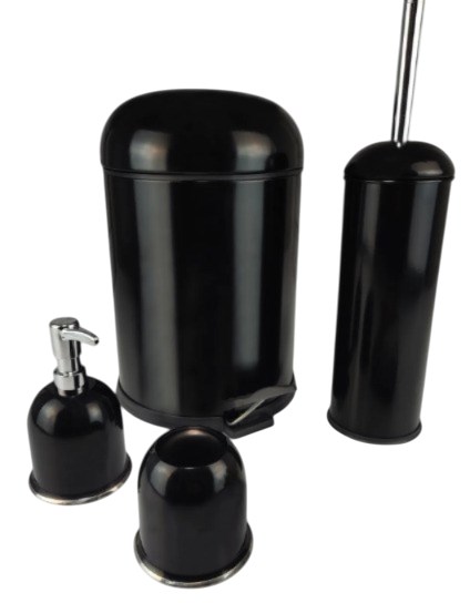 4’Lü Bon Kapak Banyo Seti Siyah (5 Lt Pedallı Çöp Kovası+Bon Kapak Wc Fırçalık+Sıvı Sabunluk+Diş Fırçalık)