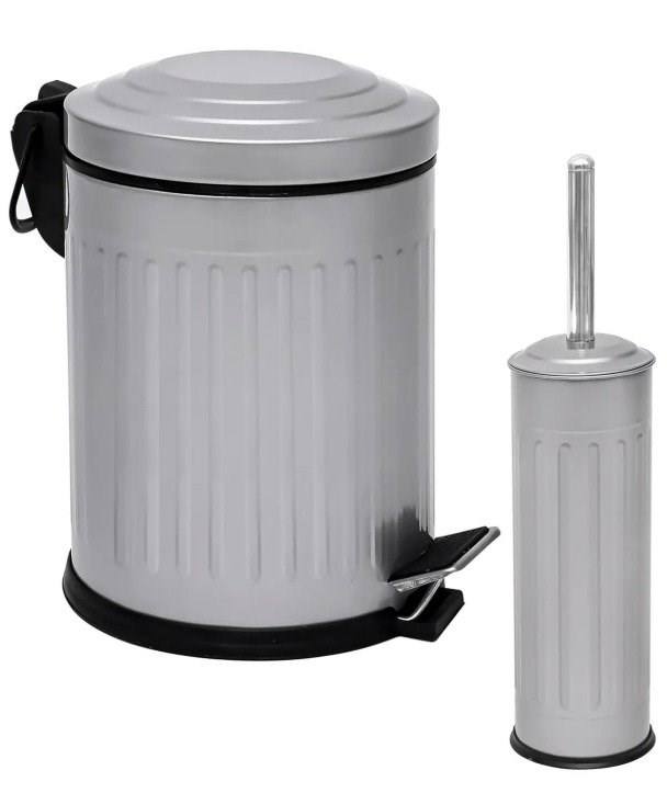 2’Li Vıntage Desenli Banyo Seti Gri (5 Lt Pedallı Çöp Kovası+Mikro Wc Fırçalık)