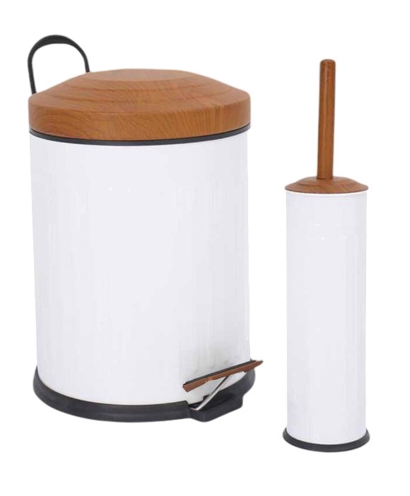 Vıntage Ahşap Desen Kapaklı Banyo Seti Beyaz (5 Lt Pedallı Çöp Kovası+Mikro 1 Wc Fırçalık)