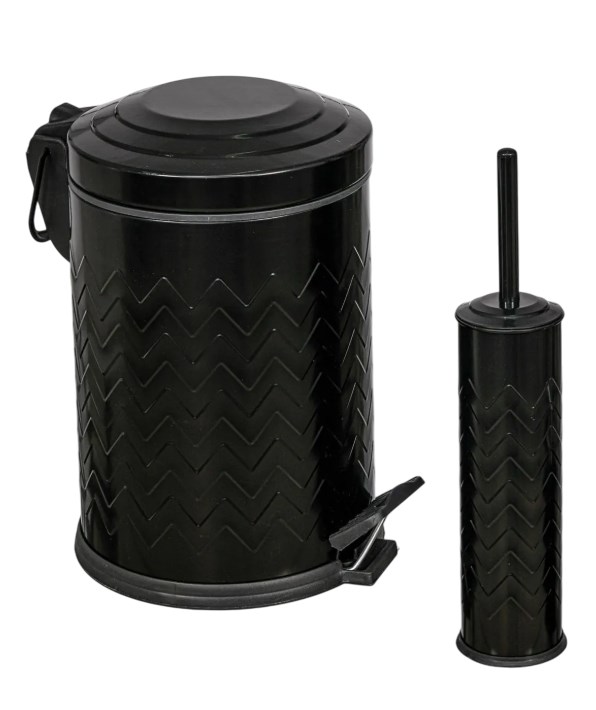 2’Li Zik Zak Banyo Seti Siyah (5 Lt Pedallı Çöp Kovası+Mikro Wc Fırçalık)