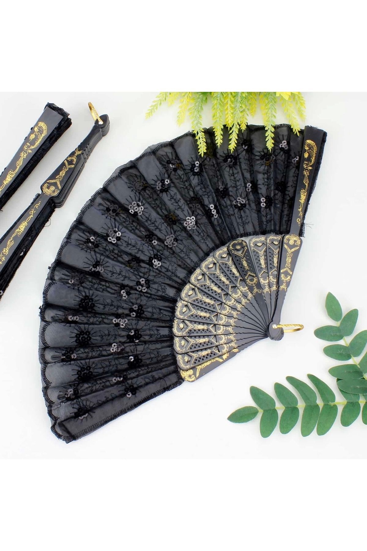 Plastik Pullu Kumaş Yelpaze 12'li Siyah