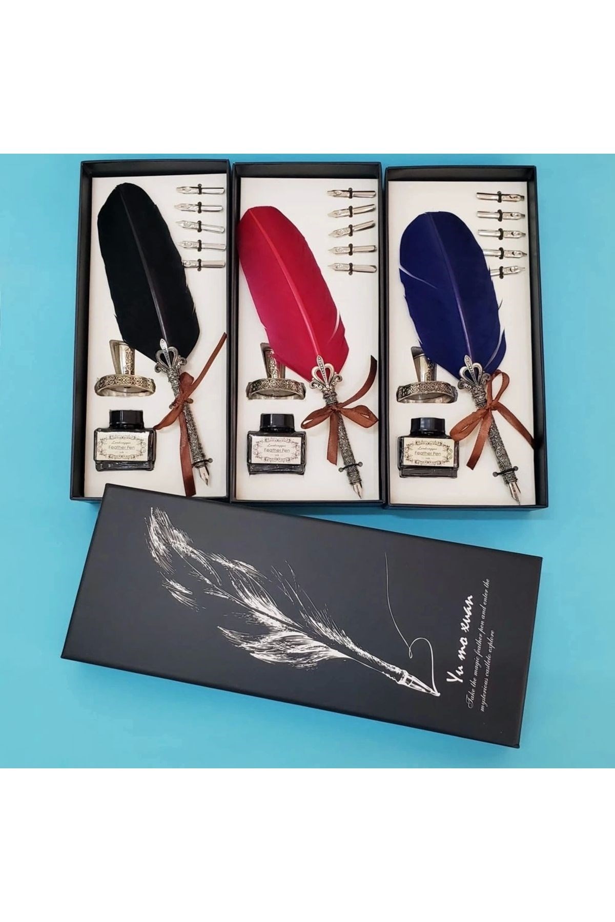 Tüylü Divit Kalem Seti 3'lü – Nostaljik Masaüstü Kaligrafi Takımı