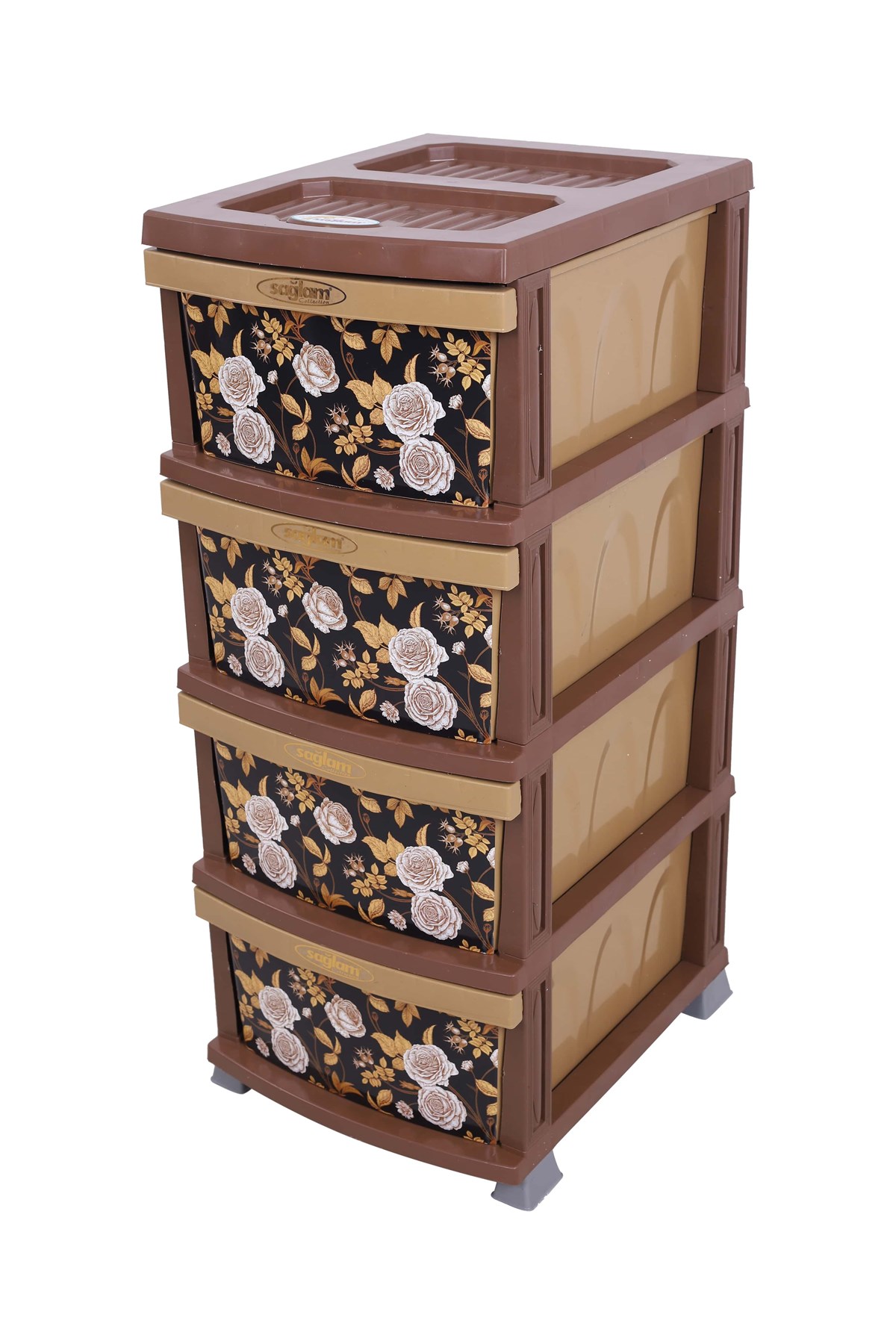 Sağlam Plastik Elegant Desenli Komidin (4 Çekmeceli Sebzelik) Kahverengi