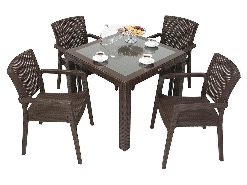Mandella Elit Rattan 90x90 Zeus Koltuk Camlı Masa Takımı KAHVERENGİ