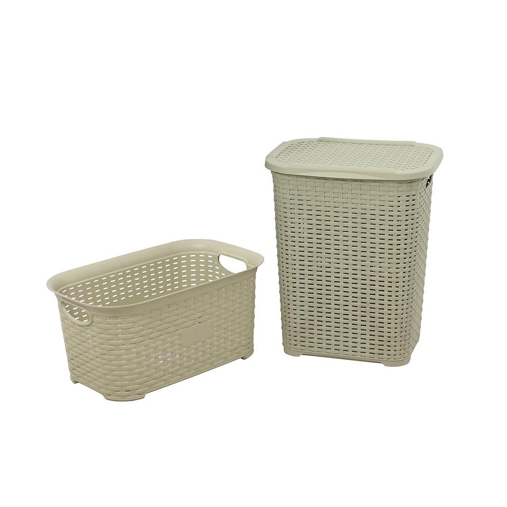 Sağlam Plastik Rattan Hasır Görünümlü Kirli Çamaşır Sepeti- Çamaşır sepeti 2'li Set Çölbeji