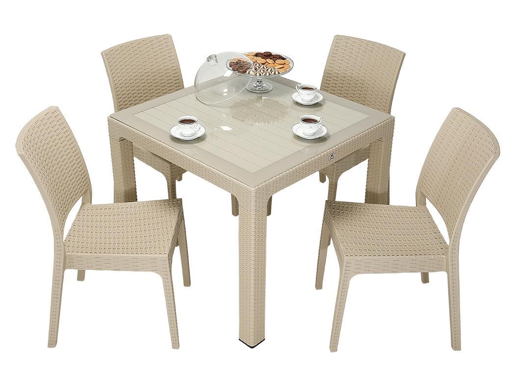 Mandella Elit Rattan 90x90 Elit Sandalye Camlı Masa Takımı ÇÖLBEJİ
