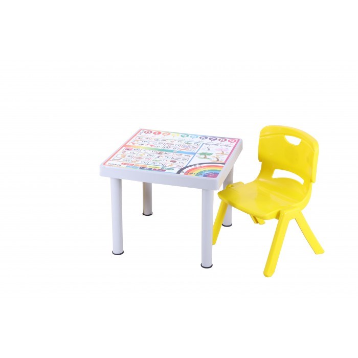 Sağlam Plastik Mandella Rubi Türkçe Desenli Çocuk Masası 1 Adet Nova Orta Çocuk Koltuk Sarı