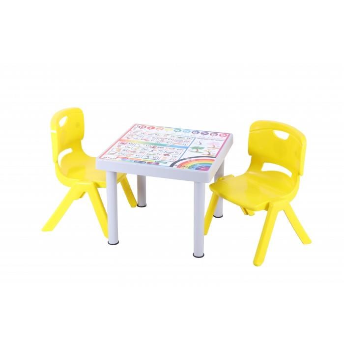 Sağlam Plastik Mandella Rubi Türkçe Desenli Çocuk Masası 2 Adet Nova Orta Çocuk Koltuk Sarı