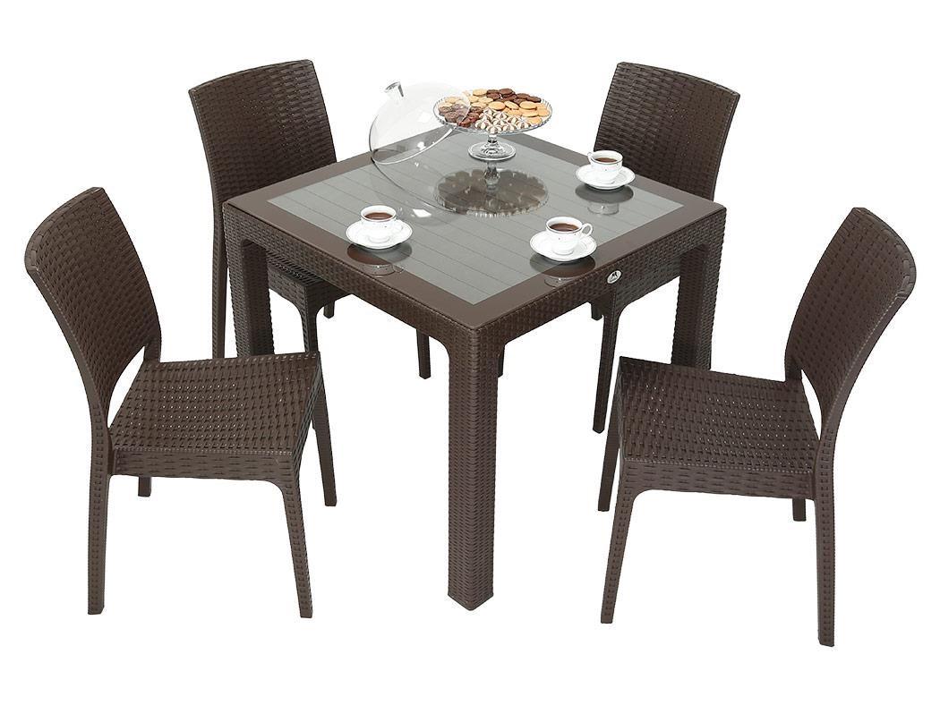 Mandella Elit Rattan 90x90 Elit Sandalye Camlı Masa Takımı KAHVERENGİ
