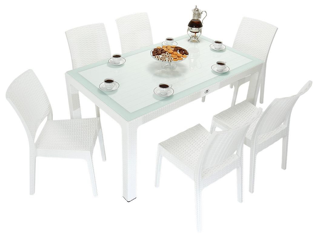 Mandella Elit Rattan 90x150 Elit Sandalye Camlı Masa Takımı BEYAZ